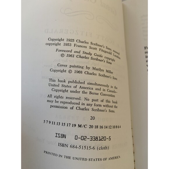 RARE Vtg Pb The Great Gatsby F. Scott Fitzgerald Charles Scribner's Sons - Picture 6 of 9